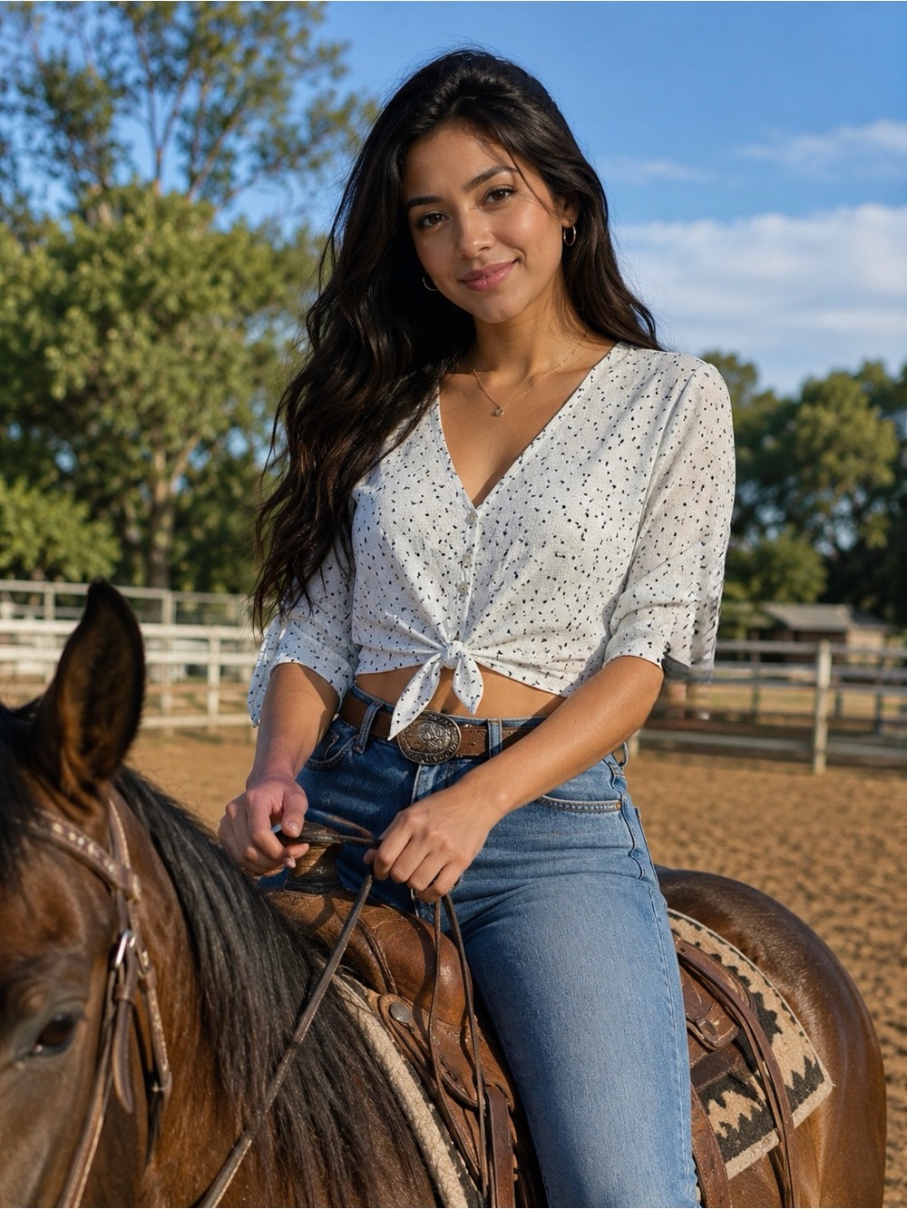 Kirra White With Blue Speckles Tie-Front Cropped V-Neck Top